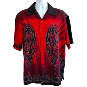 Vintage Y2K Level Ten Mens Dragon Tribal Print Button Down Shirt‎ Size L Grunge